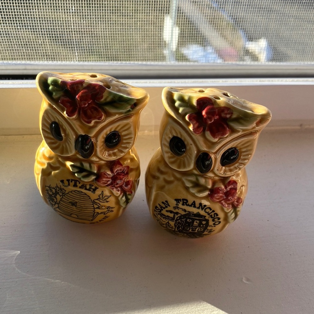 Vintage Mid-Century Owl Salt & Pepper Shakers – 50s/60s Americana Souvenir Set